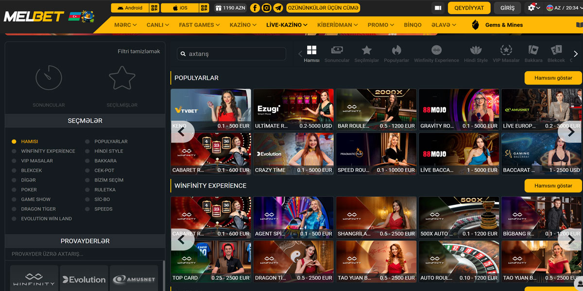 Melbet Casino Canlı Casino Oyunları